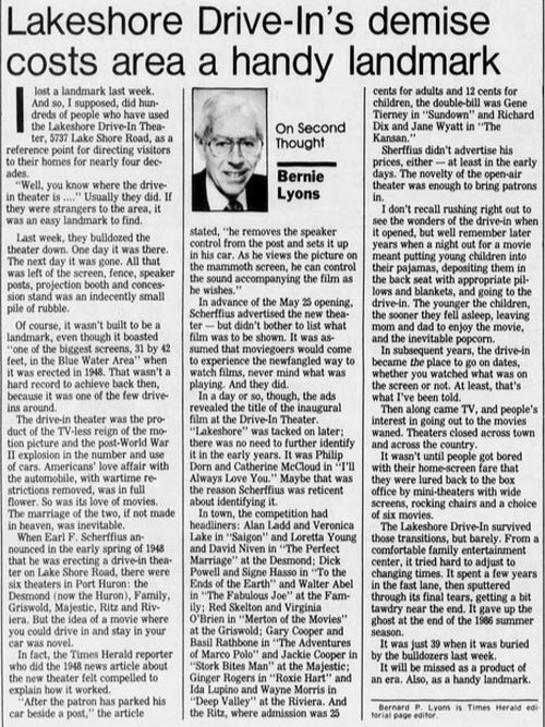 Jun 10 1987 article on closing Lakeshore Drive-In Theatre, Fort Gratiot